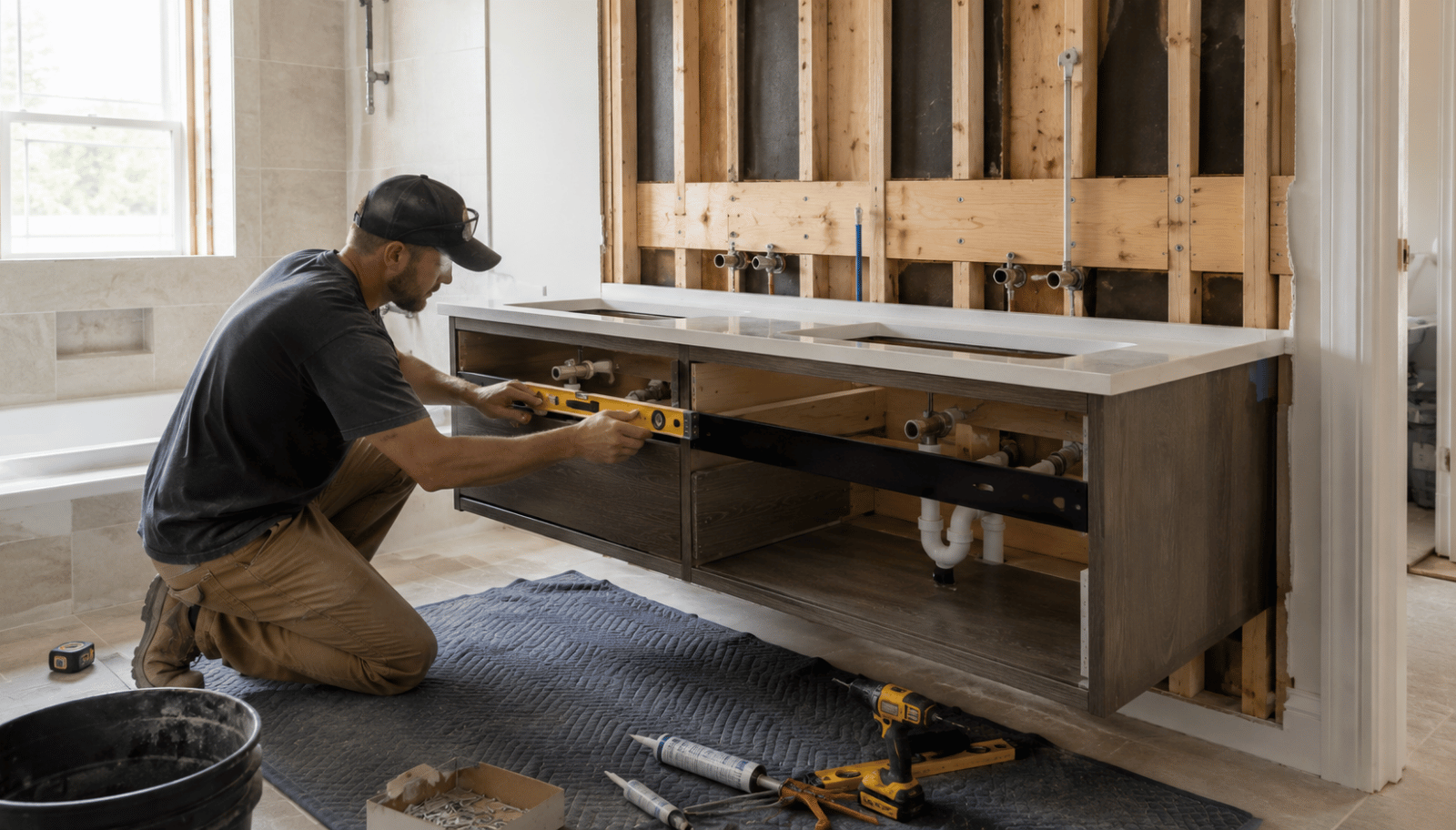 Professional installer mounting floating RTA bathroom vanity with wall blocking reinforcement, plumbing rough-ins, leveling tools, and quartz countertop installation