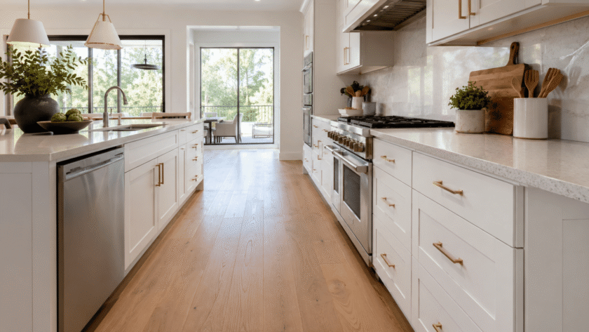 Modern luxury kitchen with standard kitchen base cabinet dimensions white shaker cabinets and quartz countertops