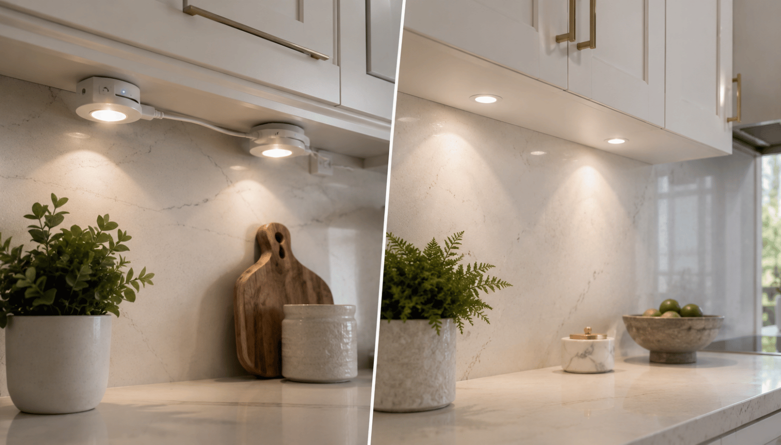 Comparison of wireless and hardwired under cabinet lighting systems in a modern luxury kitchen interior