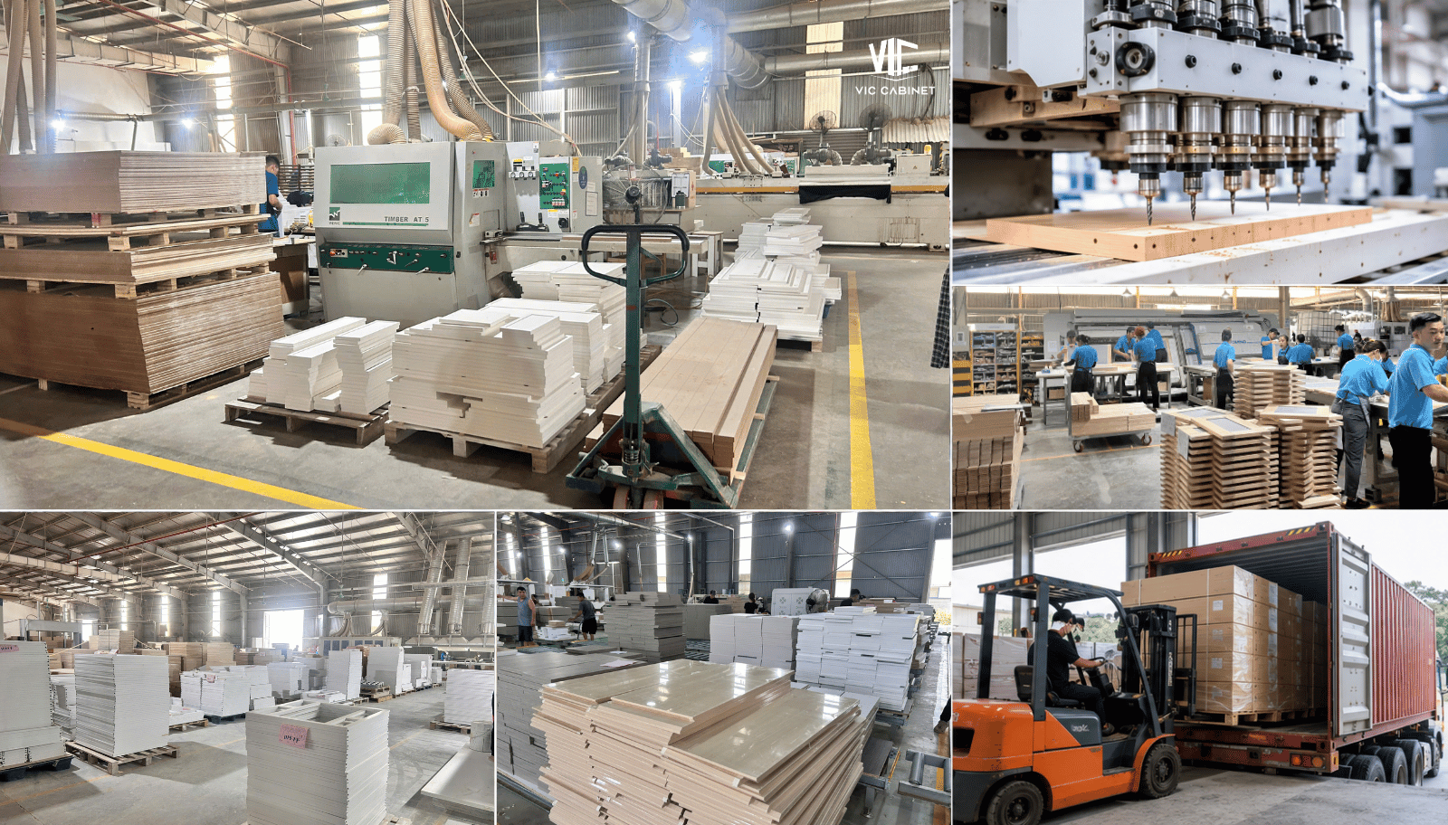 Vietnam cabinet manufacturing facility with automated production lines and export-ready RTA cabinet packaging for US importers