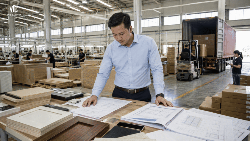 Procurement manager evaluating RTA cabinet samples and export plans inside a cabinet factory
