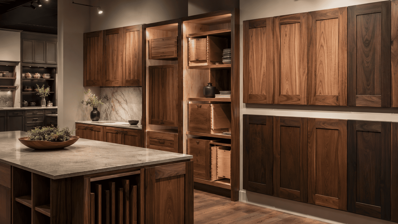 Different types of walnut shaker kitchen cabinets with natural and dark stained wood finishes