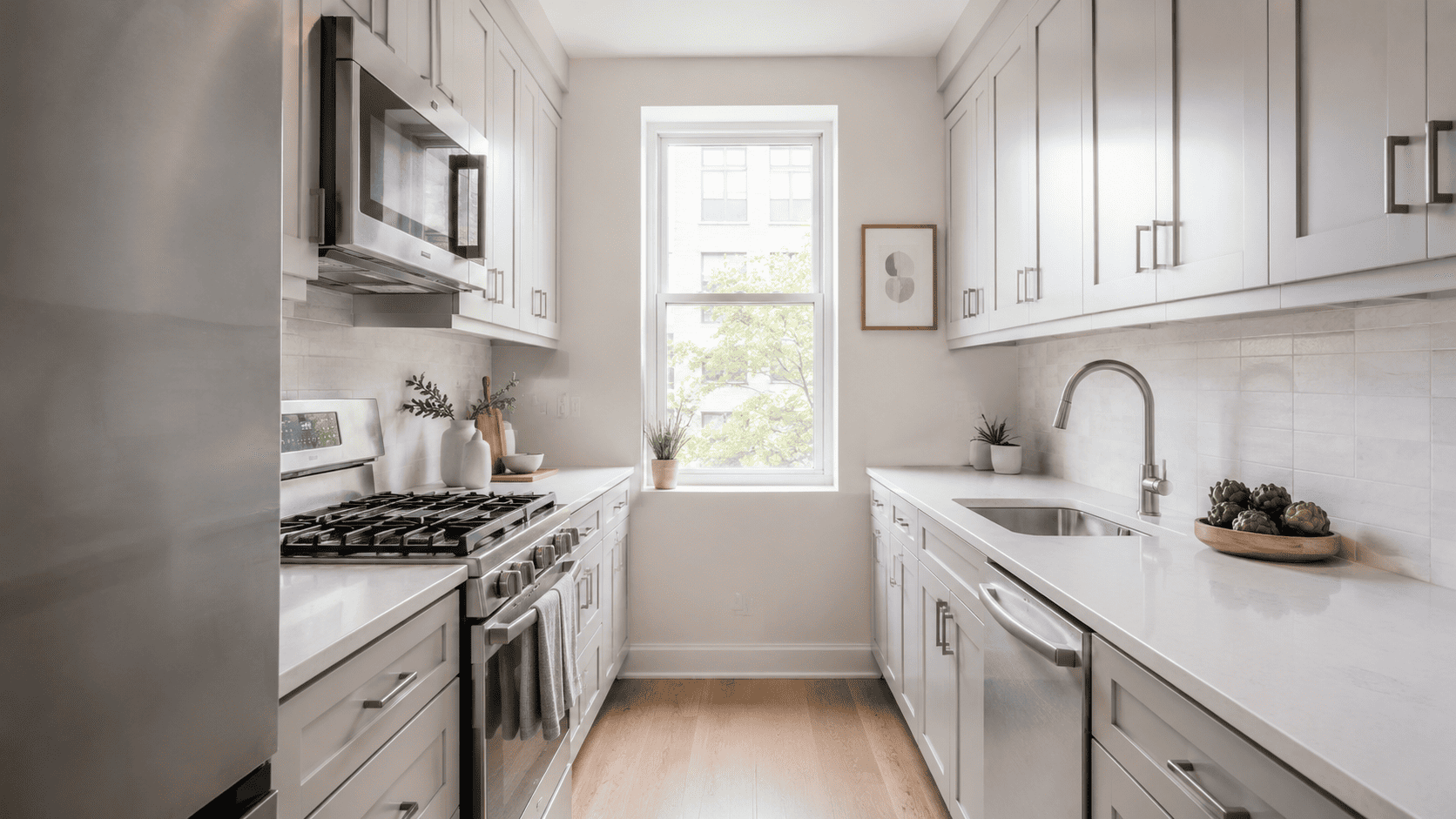 Light gray shaker cabinets brighten a compact galley kitchen with white countertops