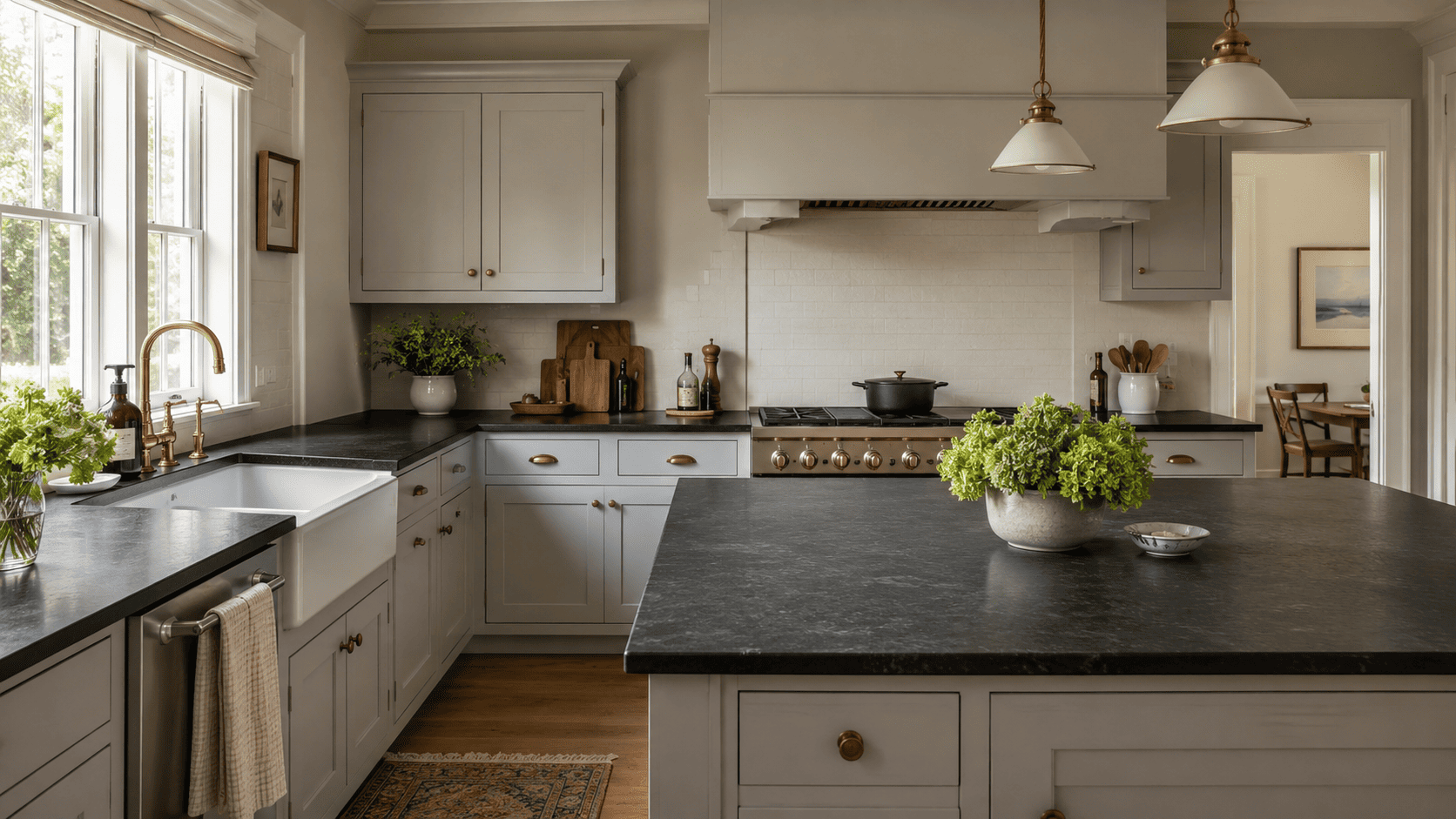 Light gray shaker cabinets with dark soapstone countertops in a farmhouse kitchen