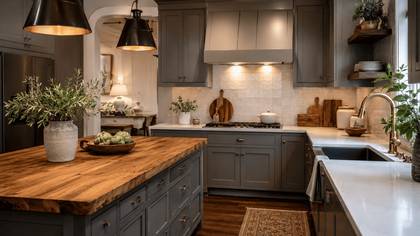 Gray shaker cabinets with warm wood butcher block island countertop