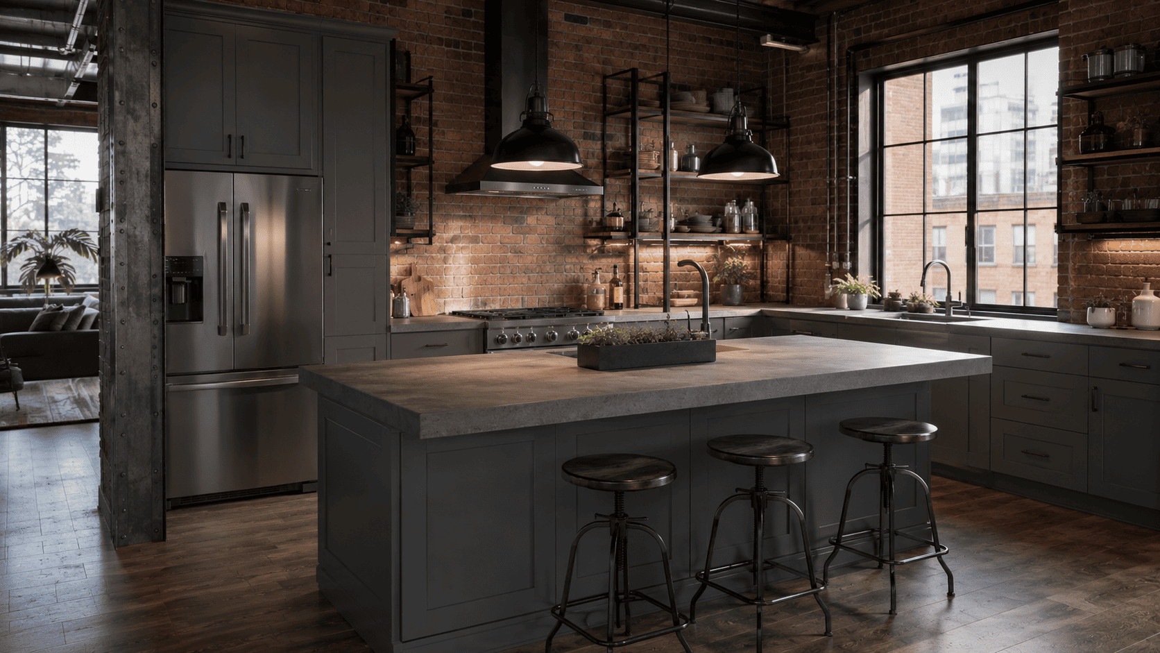 Medium gray shaker cabinets with concrete-look countertops in an industrial loft kitchen