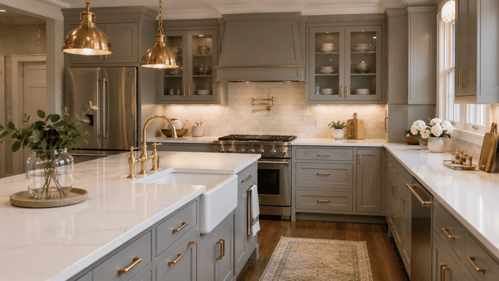 Gray shaker kitchen cabinets with brushed brass hardware and gold pendant lights
