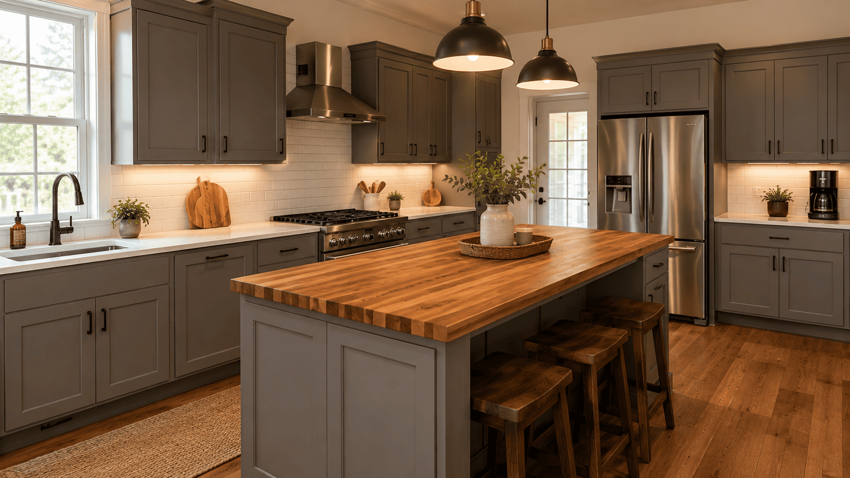 Gray shaker cabinets with satin nickel hardware and stainless steel appliances