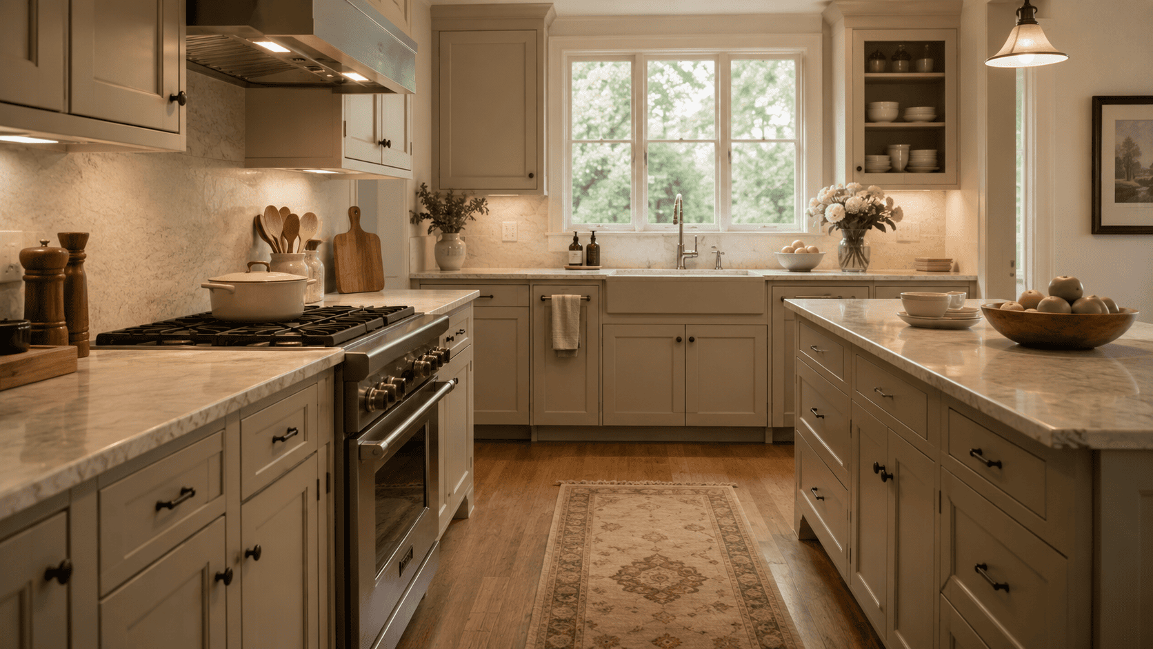 Warm greige shaker cabinets create a cozy traditional kitchen with wood flooring