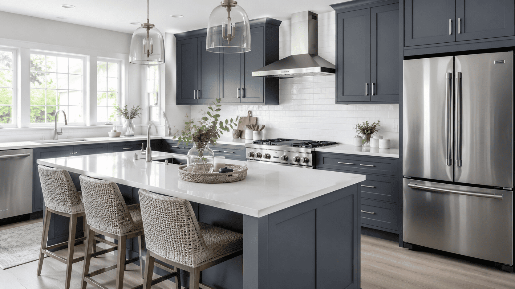 Deep slate gray shaker kitchen cabinets with cool blue undertones and white backsplash