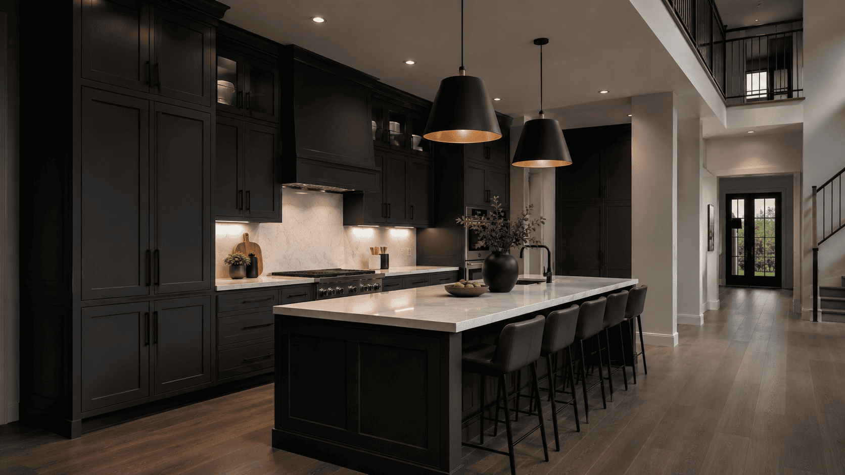 Charcoal gray shaker cabinets create a dramatic luxury kitchen with light stone countertops