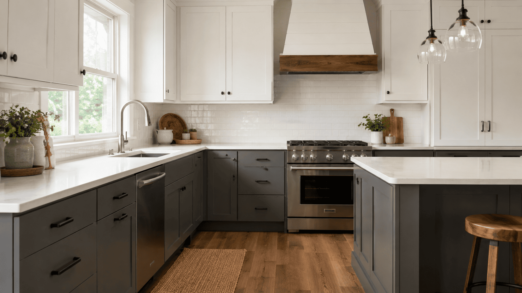 Two-tone kitchen with dark gray shaker base cabinets and white upper cabinets