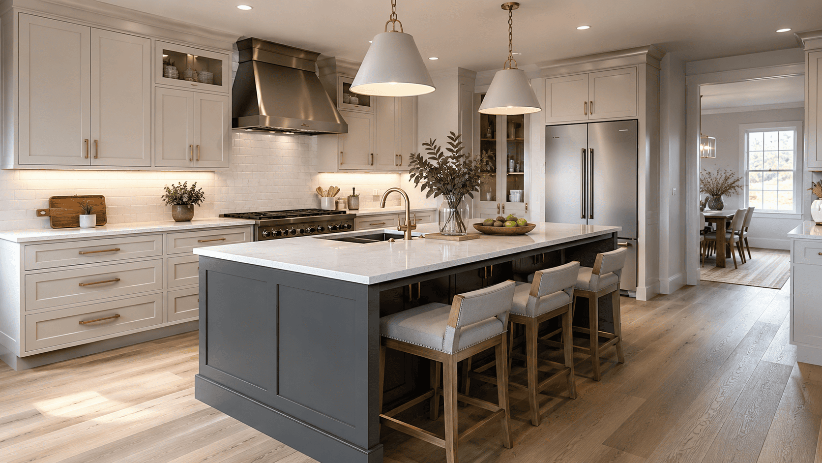 Gray shaker kitchen island stands out against white perimeter cabinets in a bright kitchen
