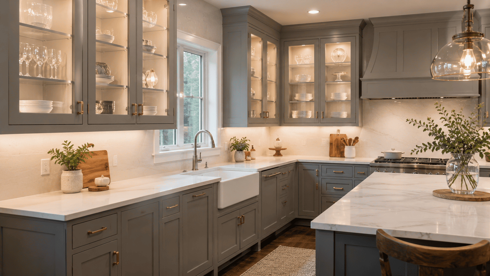 Gray shaker cabinets with glass-front upper doors and soft internal cabinet lighting