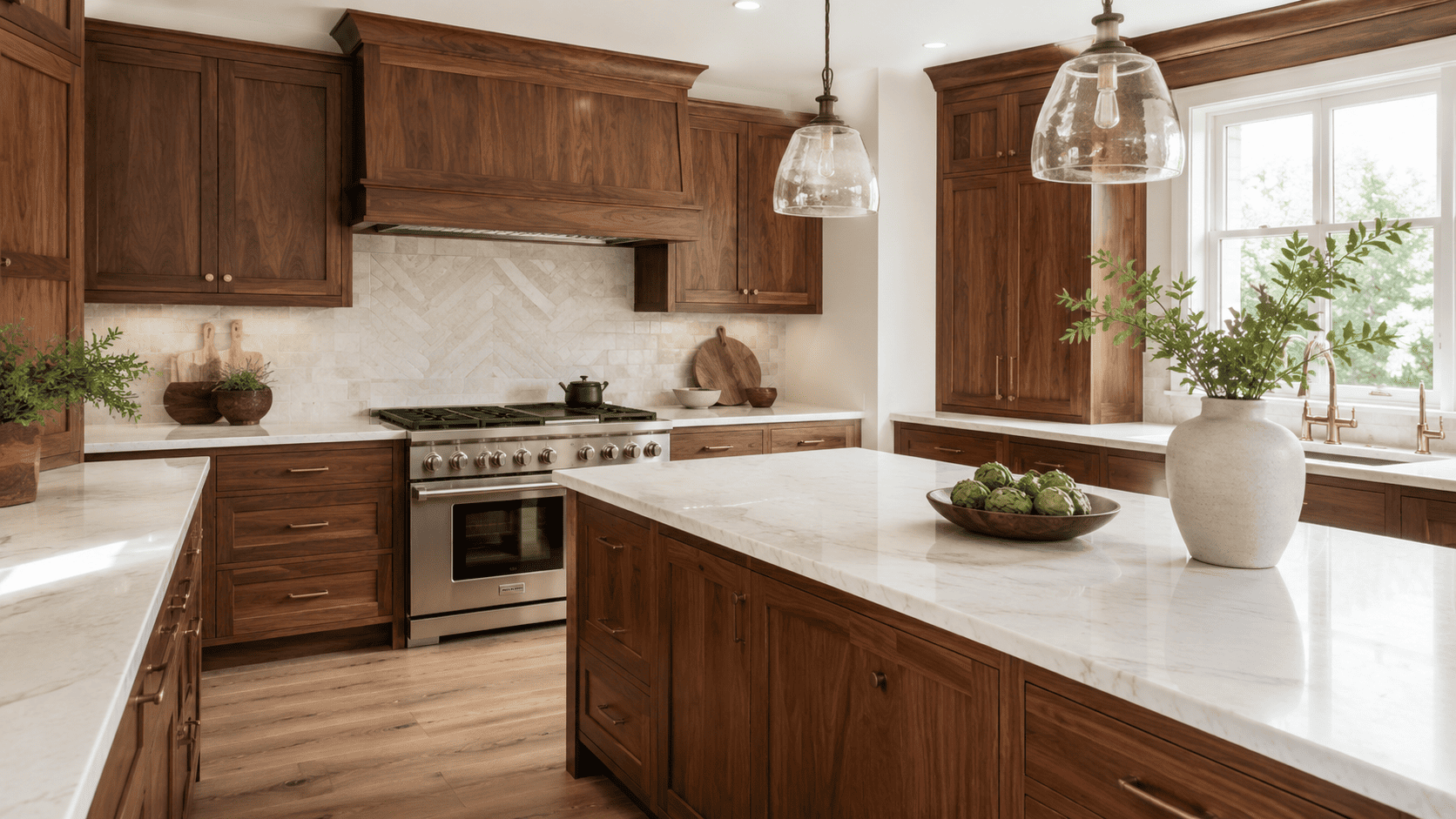 Natural walnut shaker cabinets paired with bright white quartz countertops in an upscale kitchen