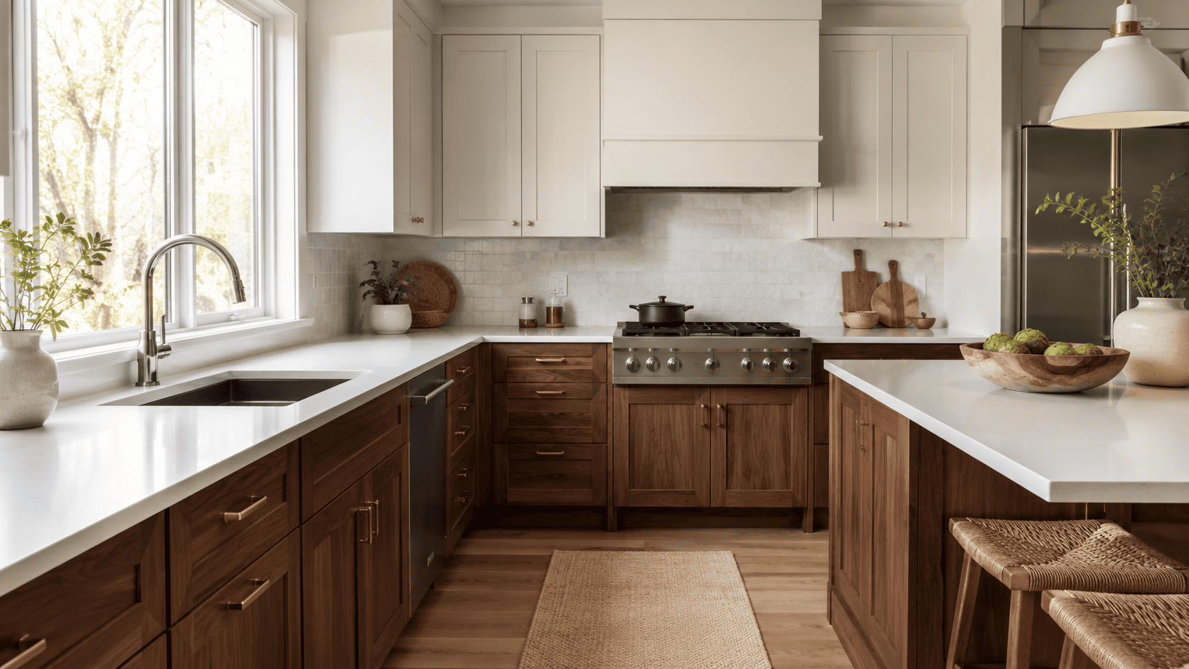 Two-tone kitchen with walnut lower cabinets and light-colored upper cabinets