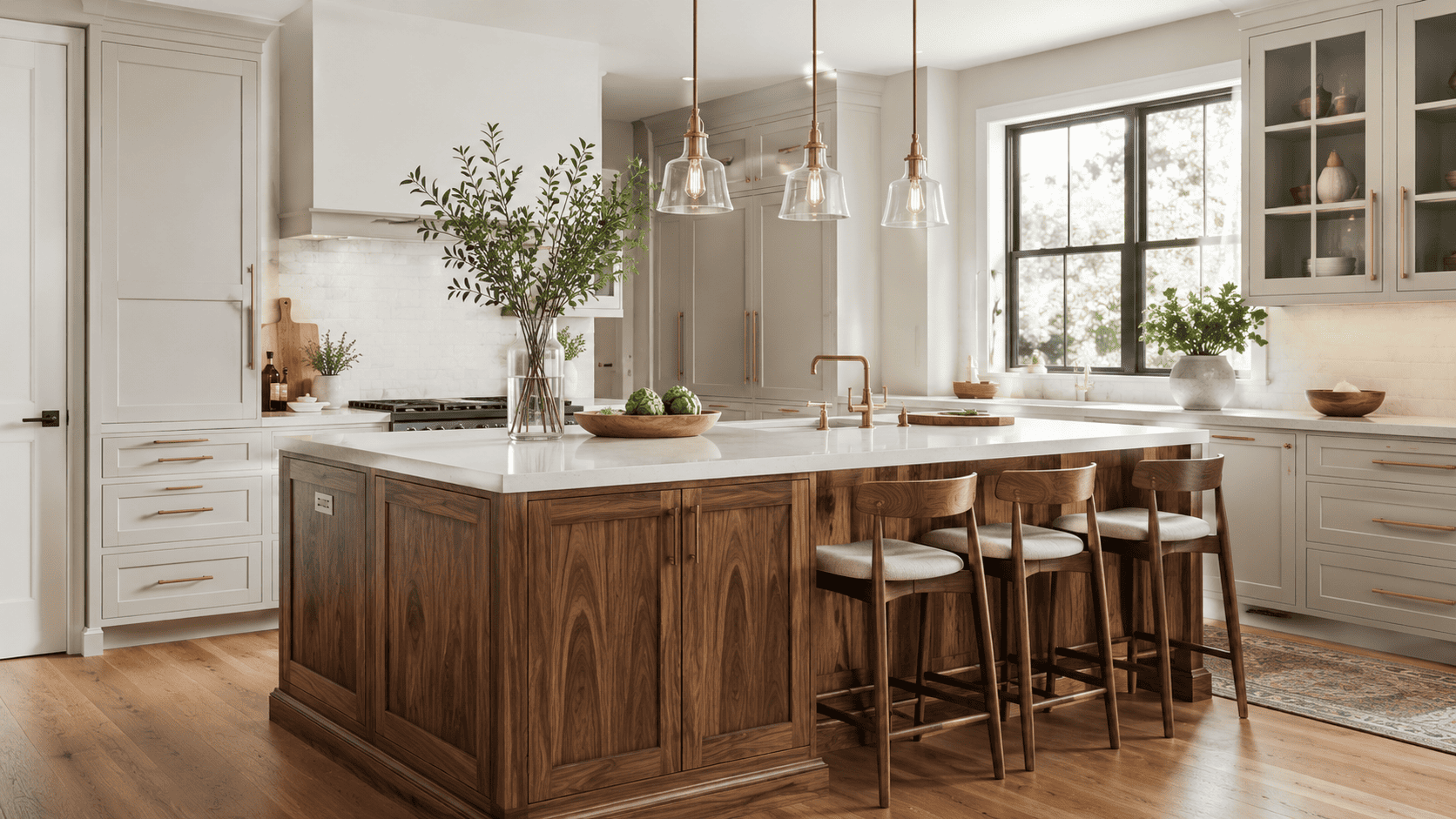Walnut shaker kitchen island with white quartz countertop and neutral perimeter cabinets