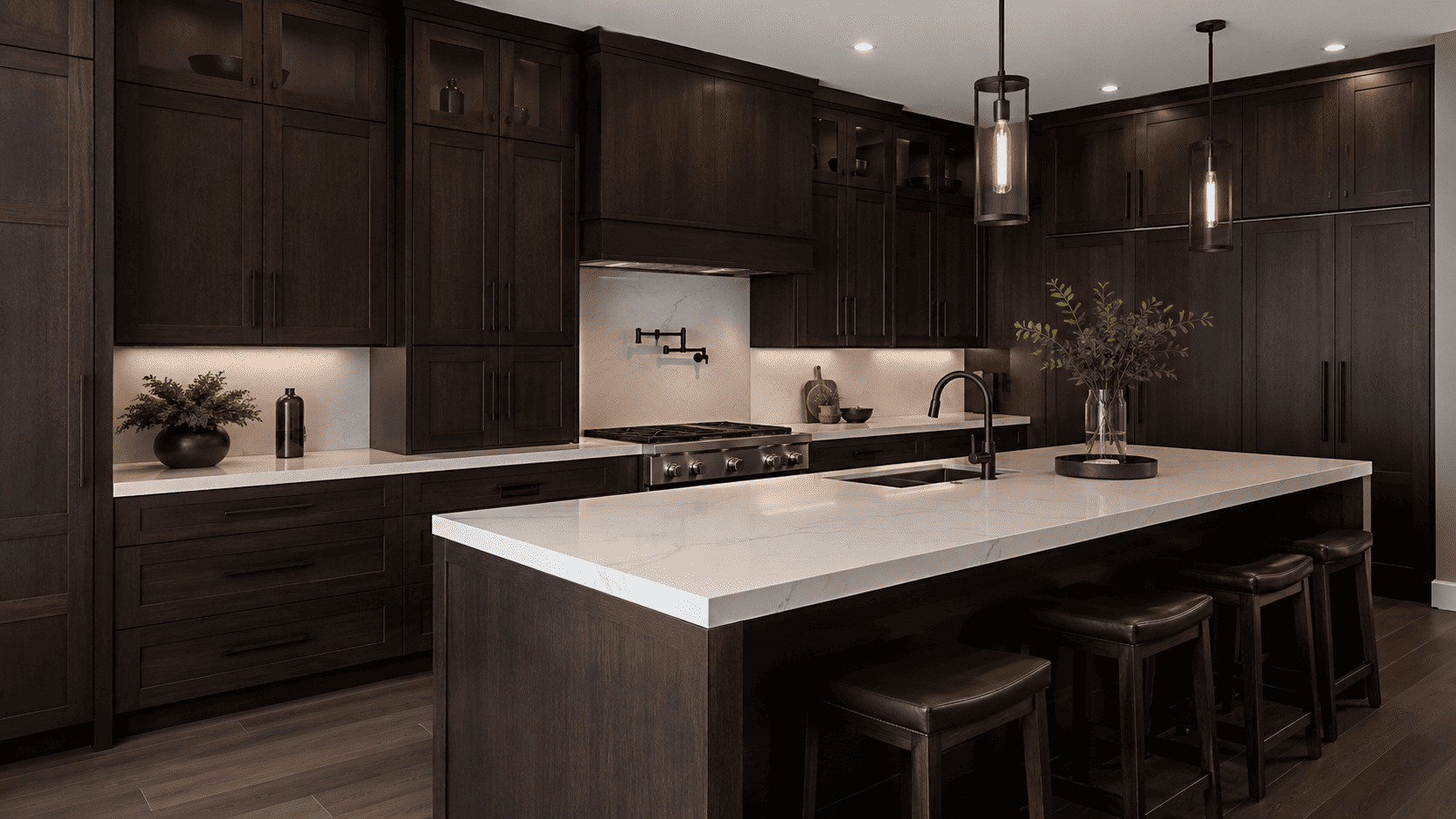Modern kitchen featuring dark walnut shaker cabinets with subtle wood grain