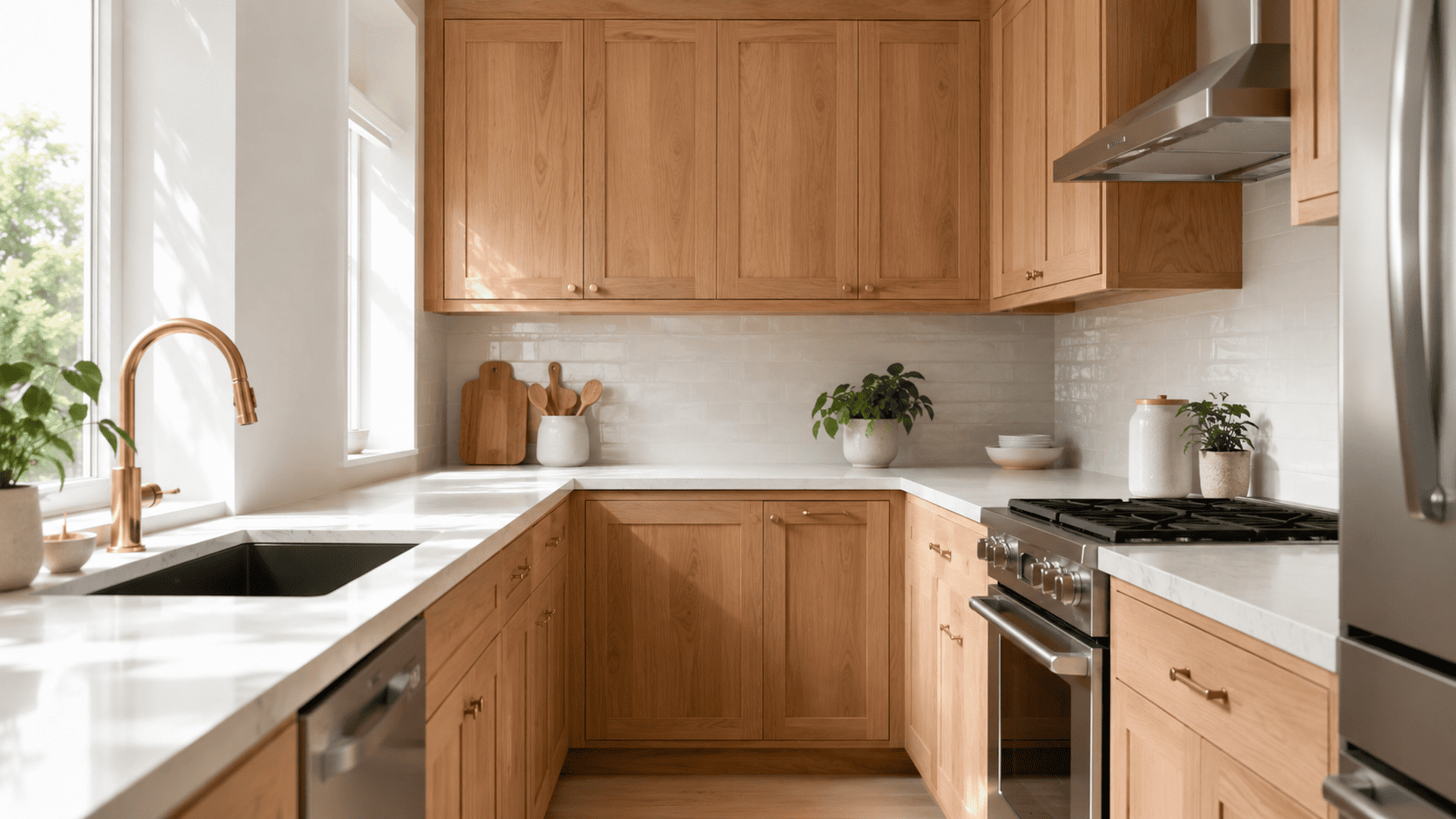 Small bright kitchen with light walnut shaker cabinets and a Scandinavian-inspired design