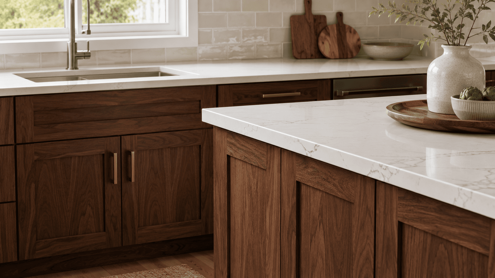 Walnut shaker cabinets paired with white quartz and light quartzite countertop materials
