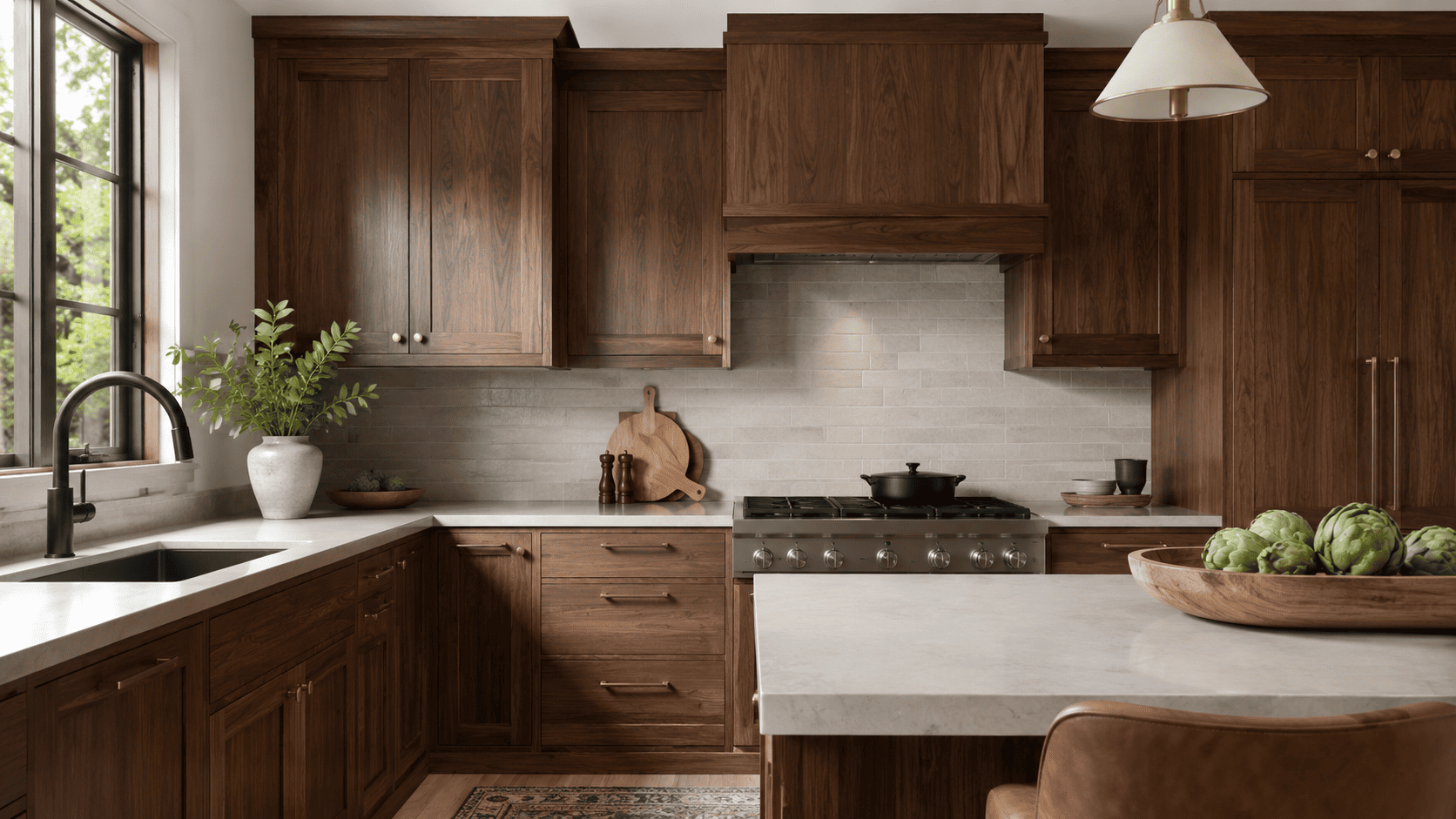 Walnut shaker kitchen cabinets paired with a simple white and soft gray backsplash