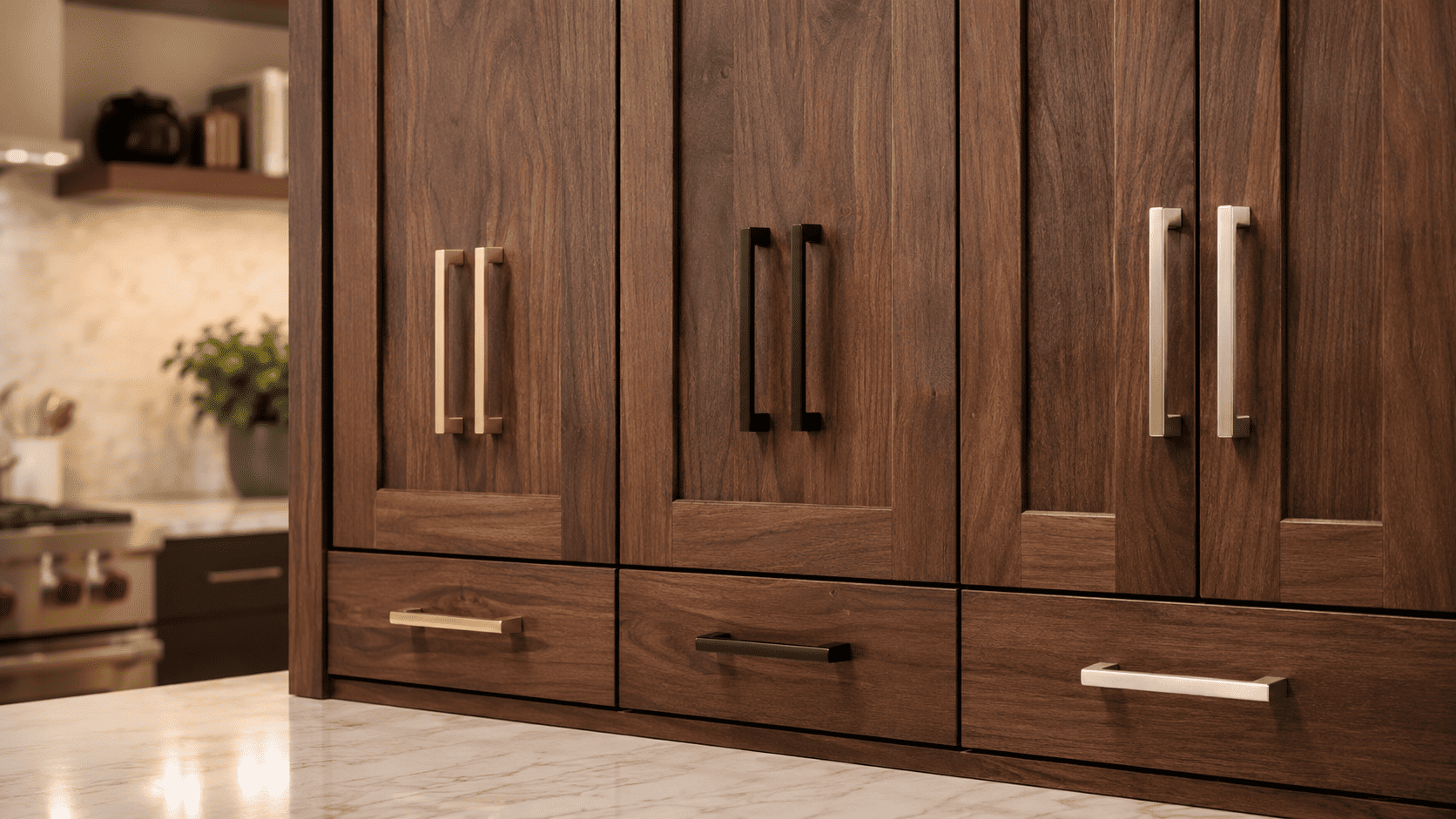 Close-up of walnut shaker cabinets with satin brass, matte black, and nickel hardware