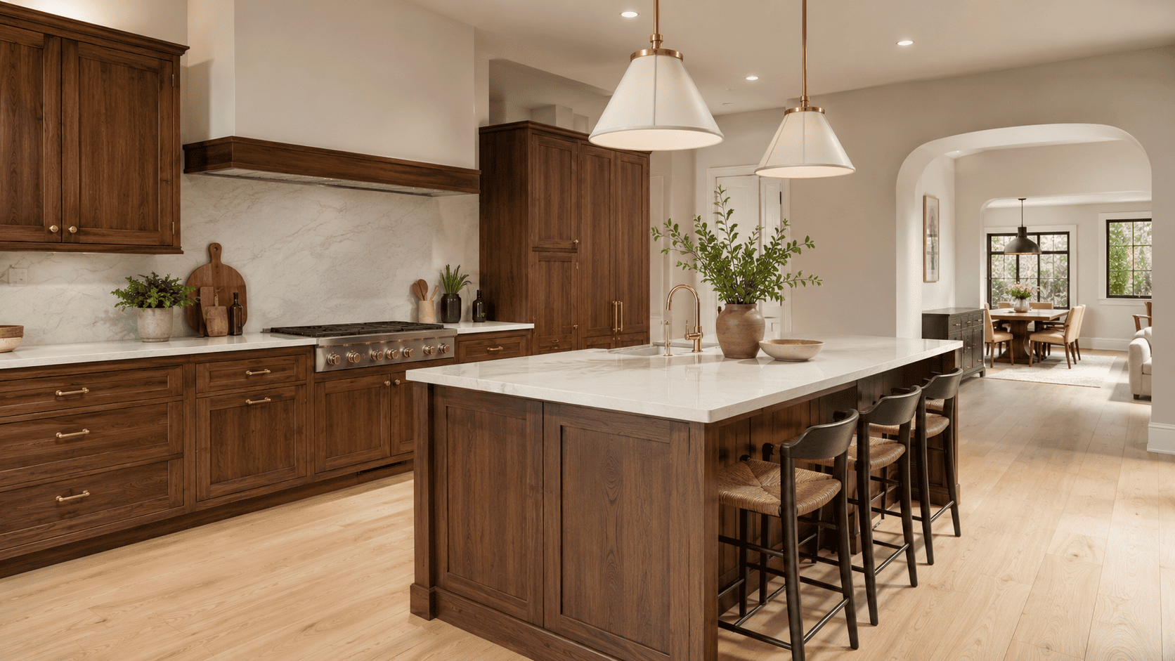 Walnut shaker cabinets coordinated with light flooring and soft neutral wall colors