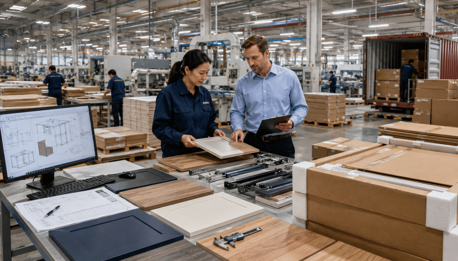 Procurement team inspecting cabinet materials, color consistency, packaging, and quality control at an RTA cabinet manufacturer