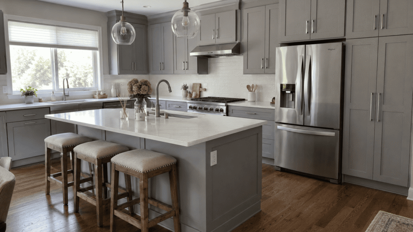 Gray shaker kitchen cabinets in a bright modern American kitchen with white quartz countertops
