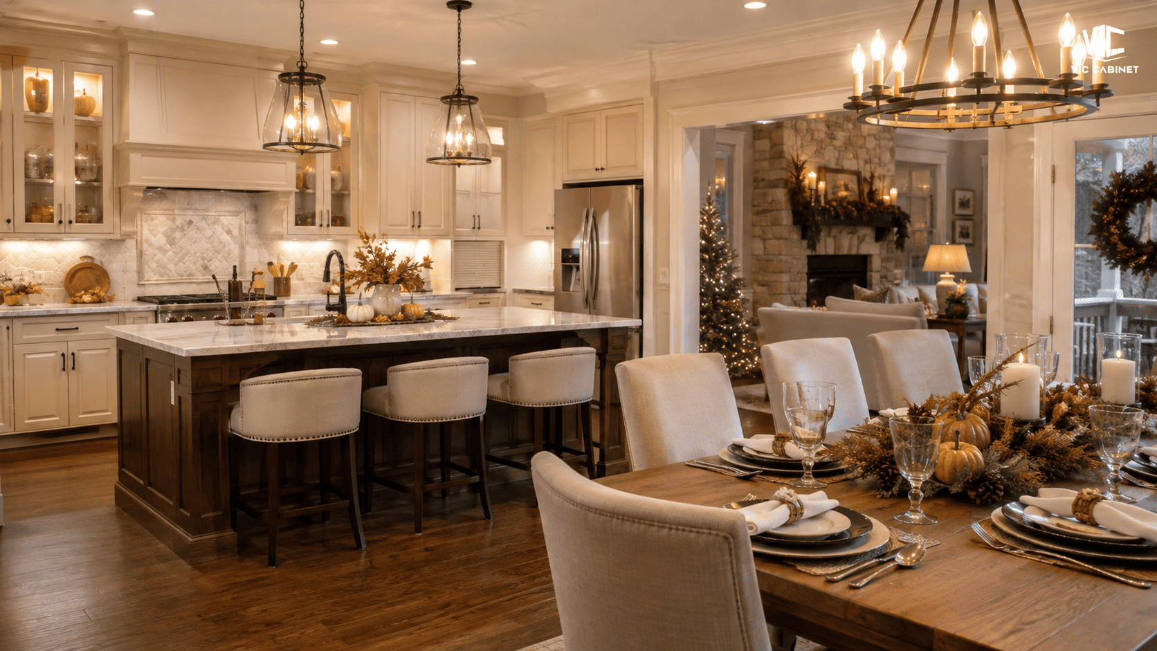 Renovated American kitchen prepared for the Q4 holiday season with warm cabinets and seasonal decor