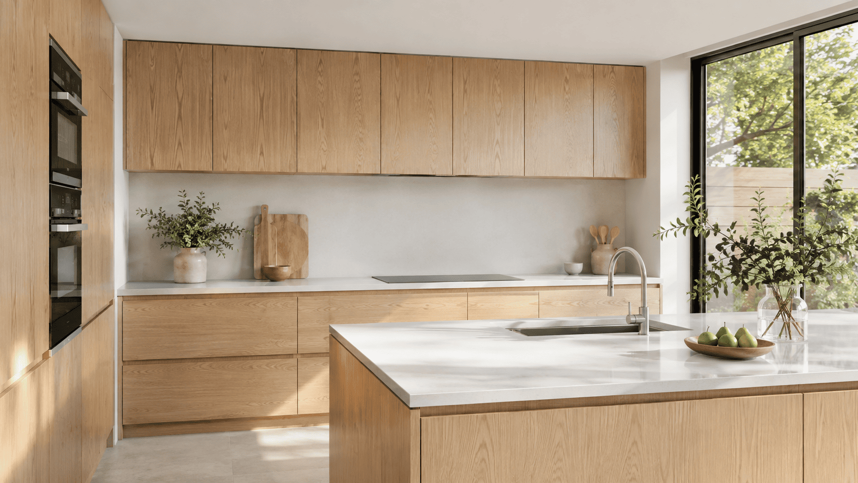 Light oak kitchen cabinets in a modern Scandinavian kitchen