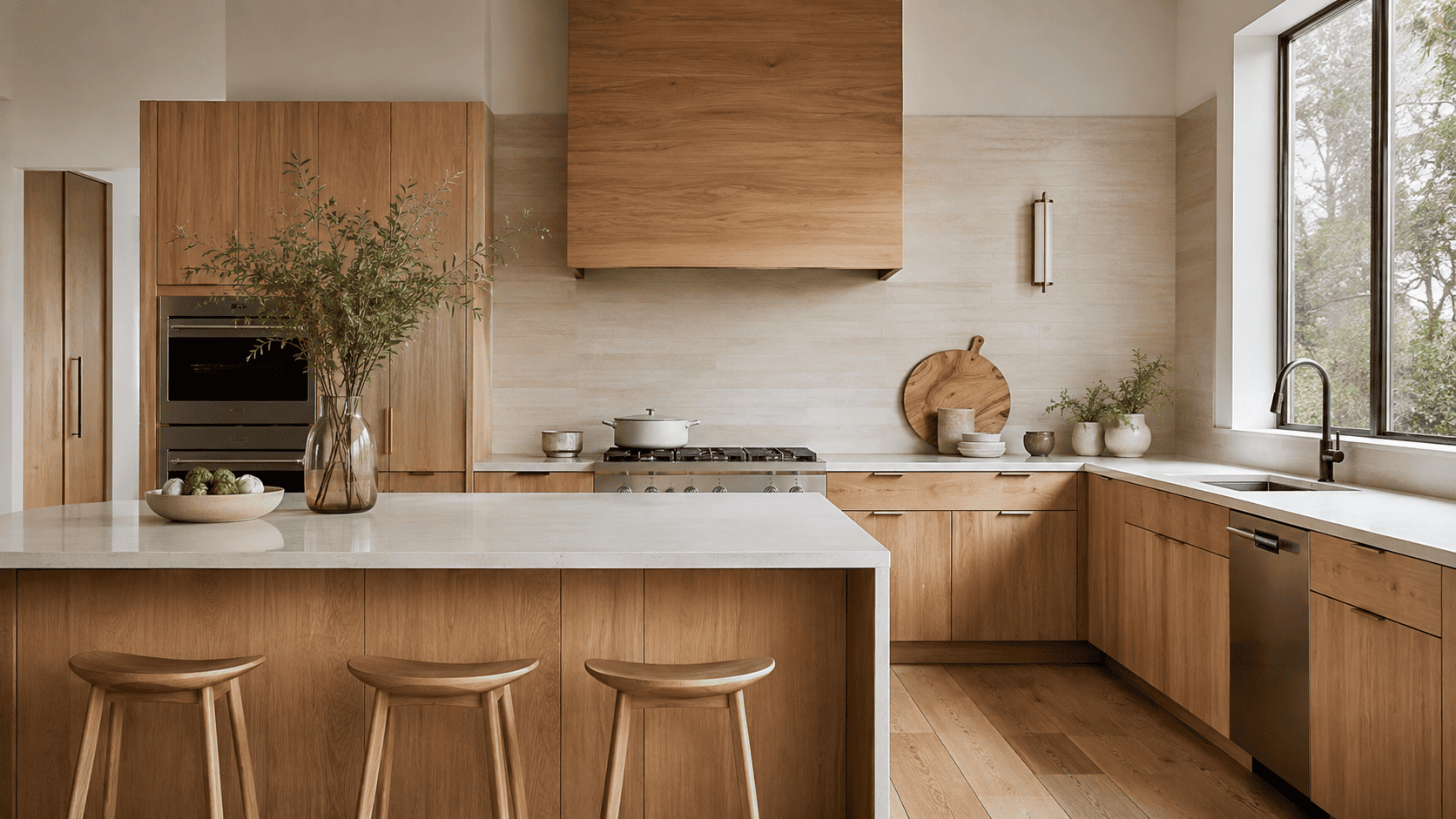 Light natural wood kitchen cabinets with visible natural grain