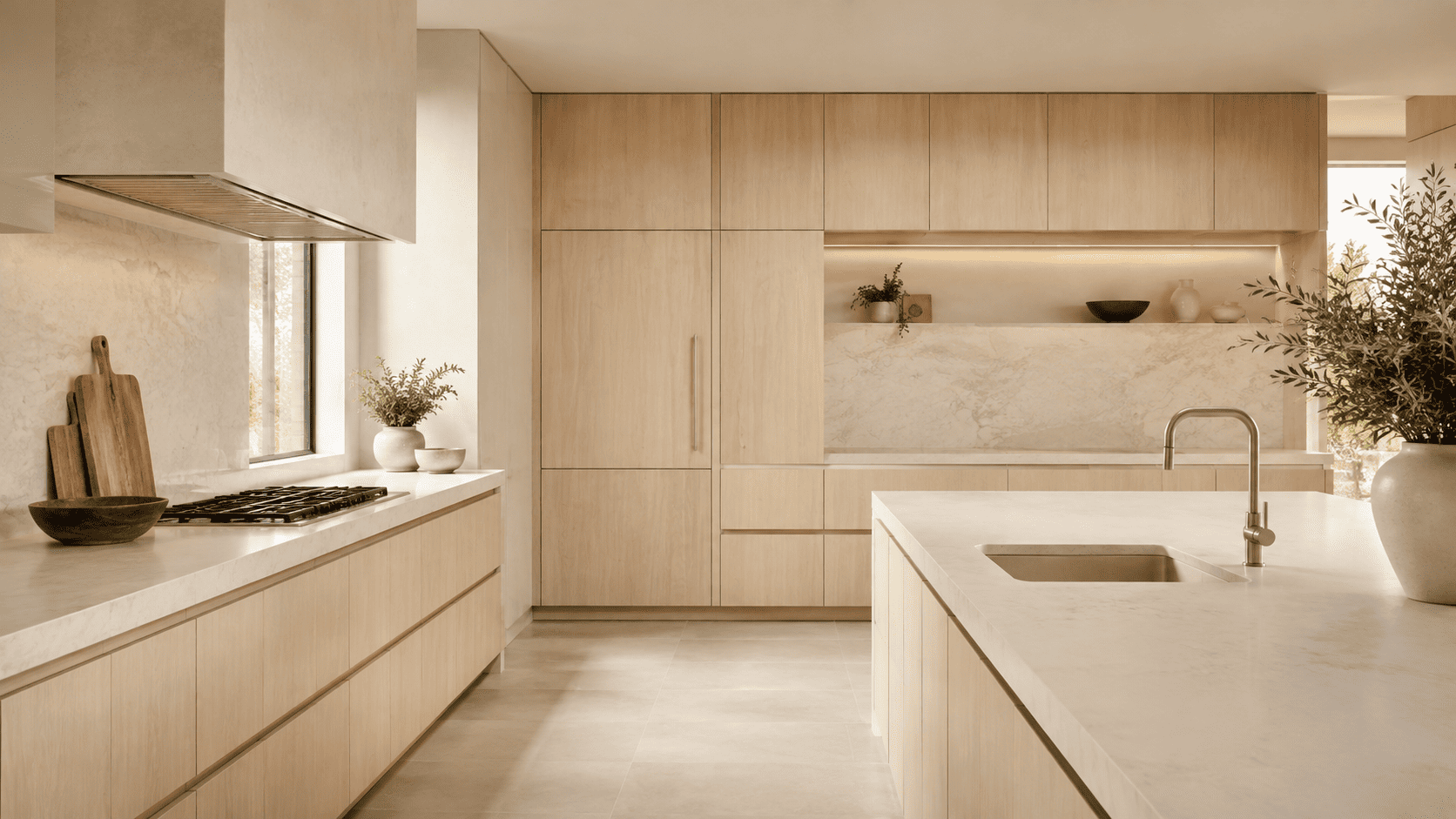 Blonde and beige-toned wood cabinets in a minimalist kitchen