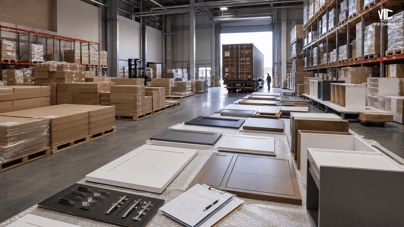 Flat-packed kitchen cabinets being inspected in a warehouse before Q4 distribution in the U.S.