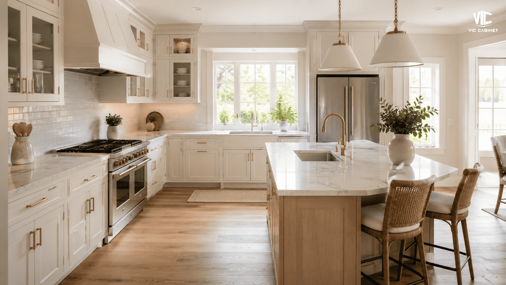Warm white Shaker kitchen cabinets with quartz countertops, oak flooring and brass hardware