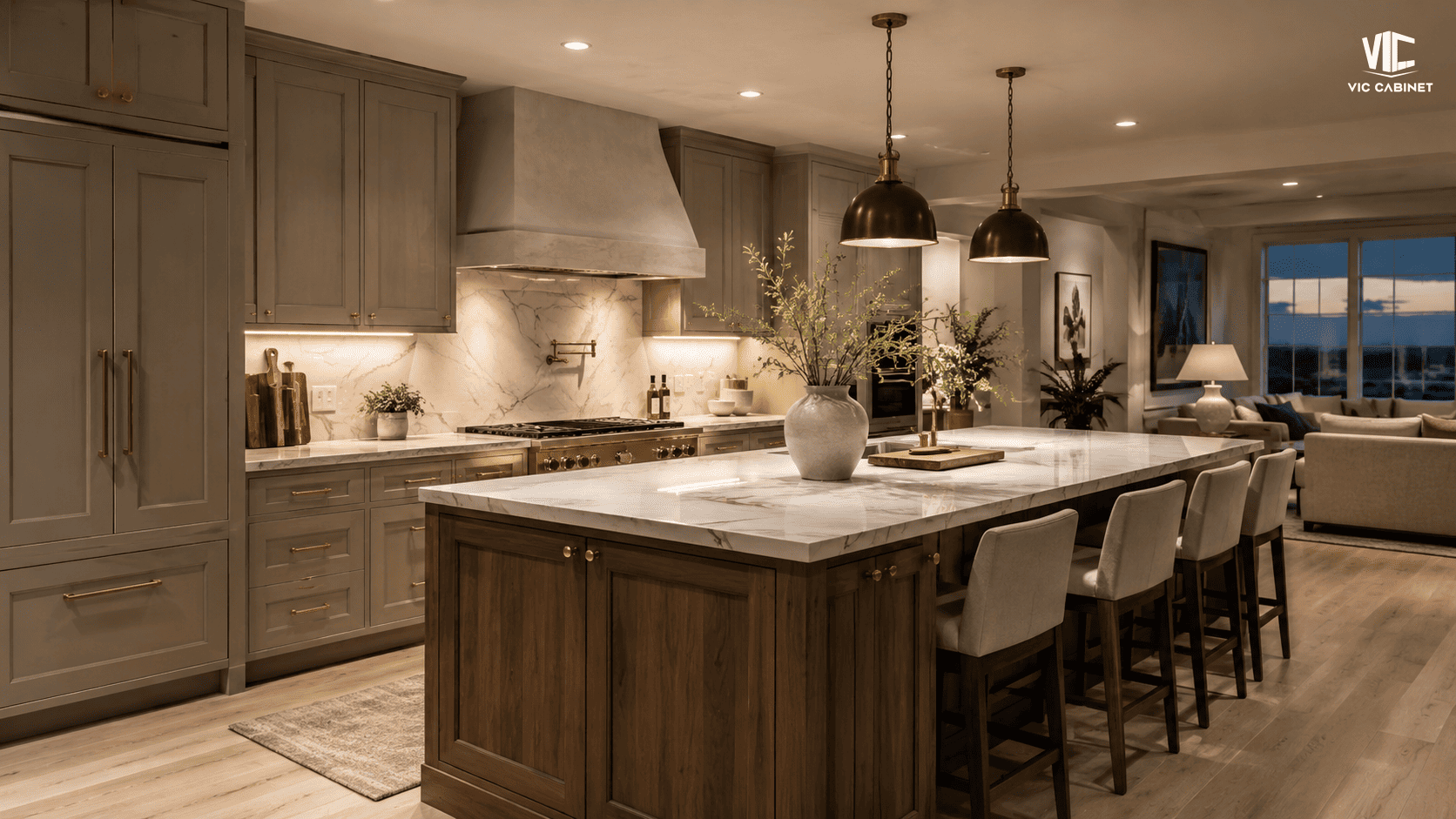 Taupe kitchen cabinets with warm gray-brown undertones, walnut accents and bronze hardware