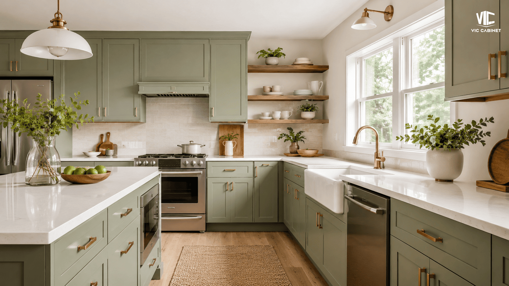 Sage green Shaker kitchen cabinets with white quartz, oak shelves and brass hardware