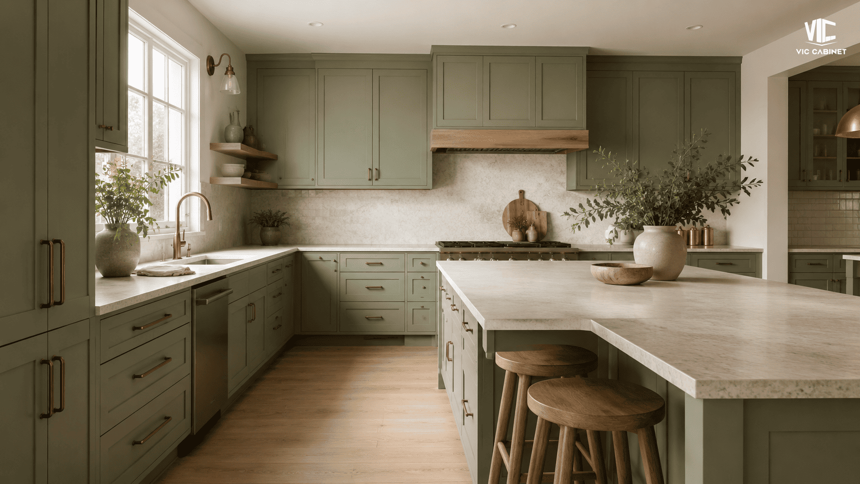Warm eucalyptus green kitchen cabinets with creamy stone countertops and pale oak flooring