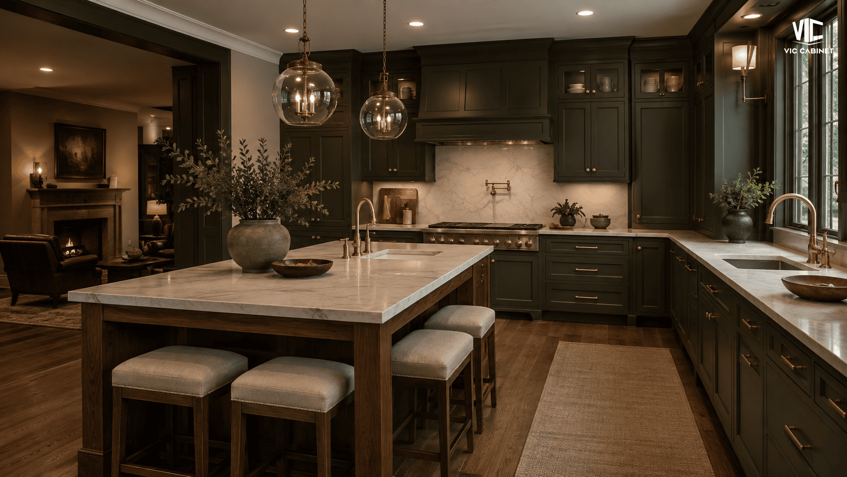 Deep olive green inset kitchen cabinets paired with cream quartz and natural walnut accents