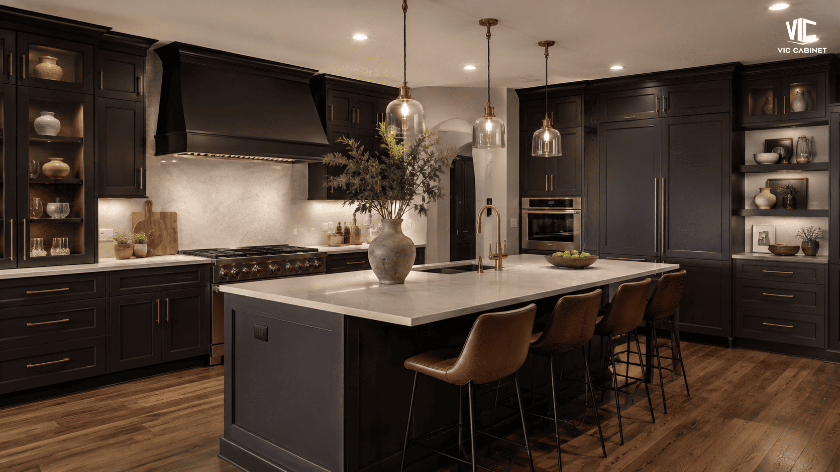 Espresso charcoal kitchen cabinets with dark brown undertones, creamy quartz and bronze hardware