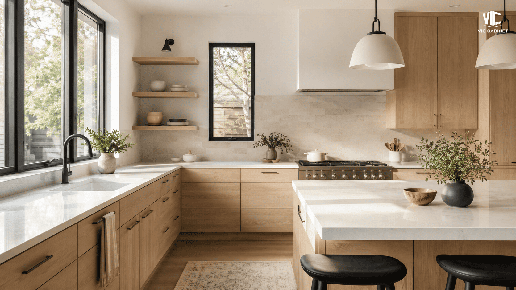 Light white oak kitchen cabinets with natural wood grain and white quartz countertops