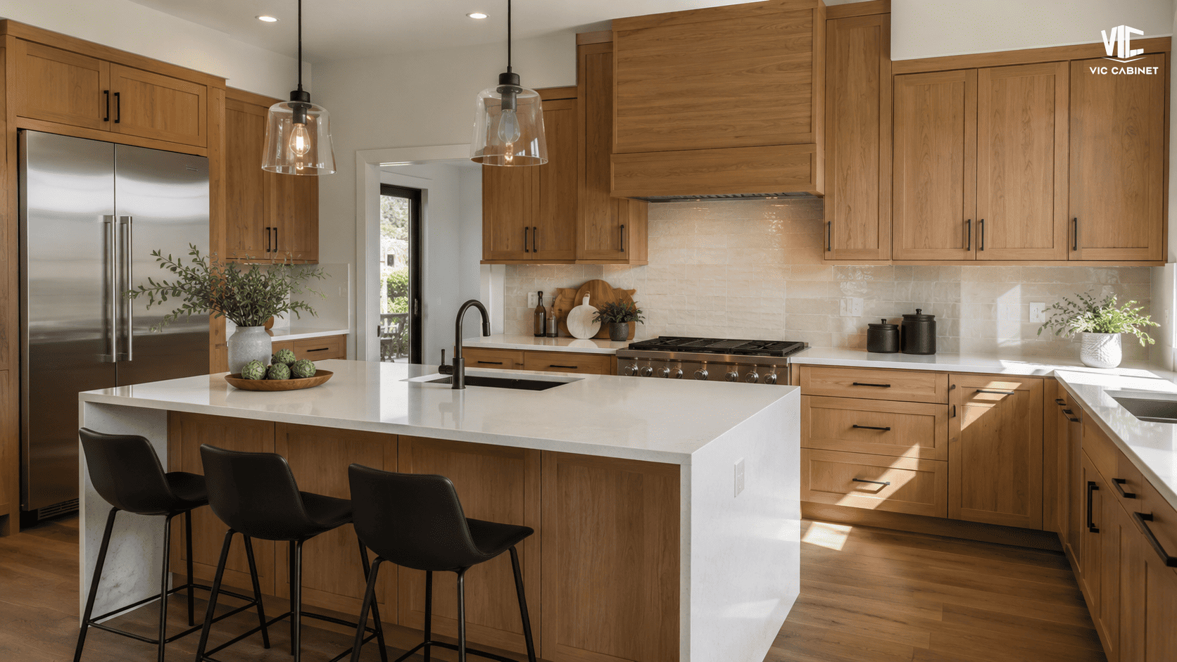 Medium natural oak kitchen cabinets with creamy quartz and matte black hardware