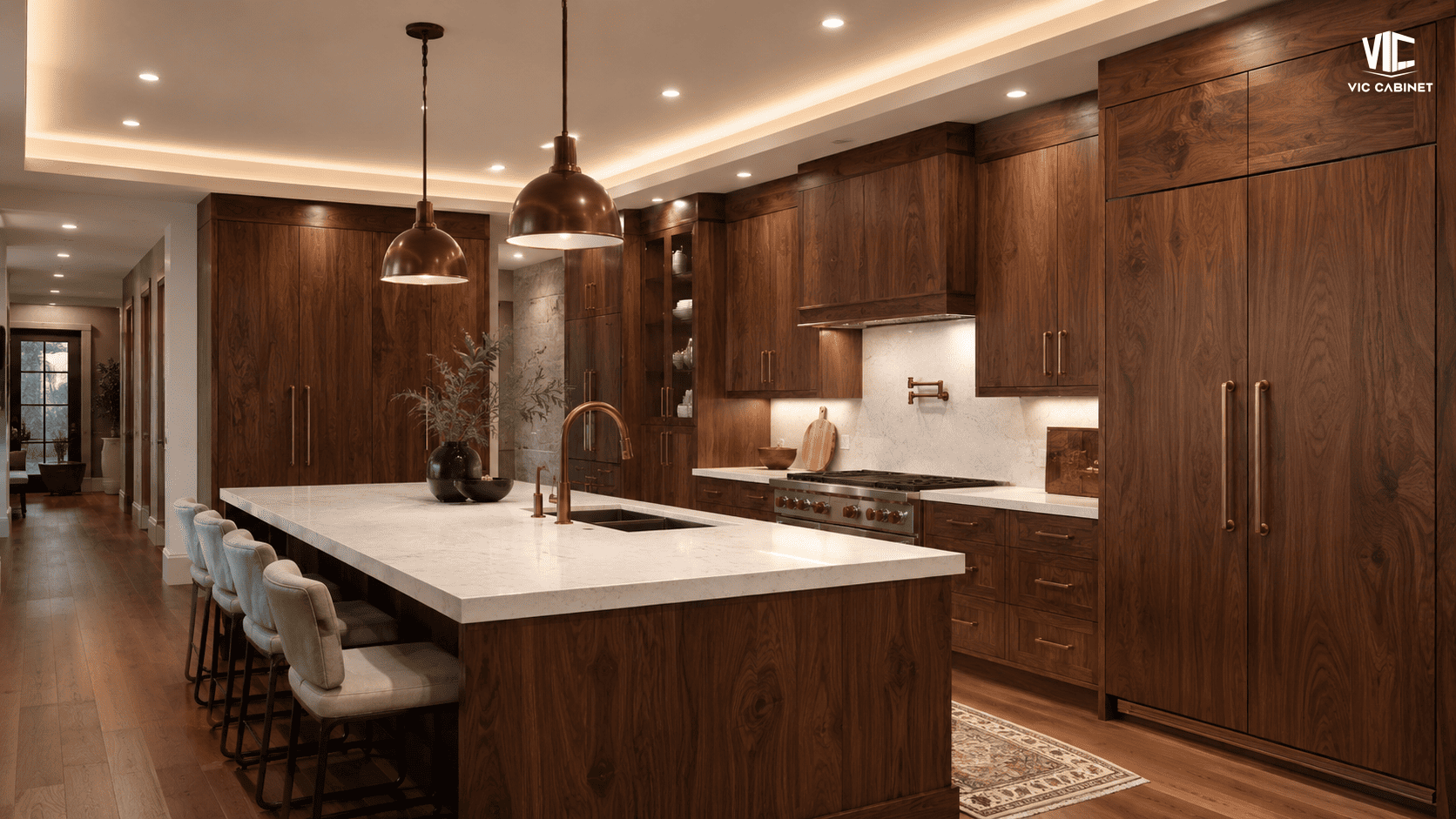 Natural walnut slab-door kitchen cabinets with rich wood grain and creamy quartz surfaces