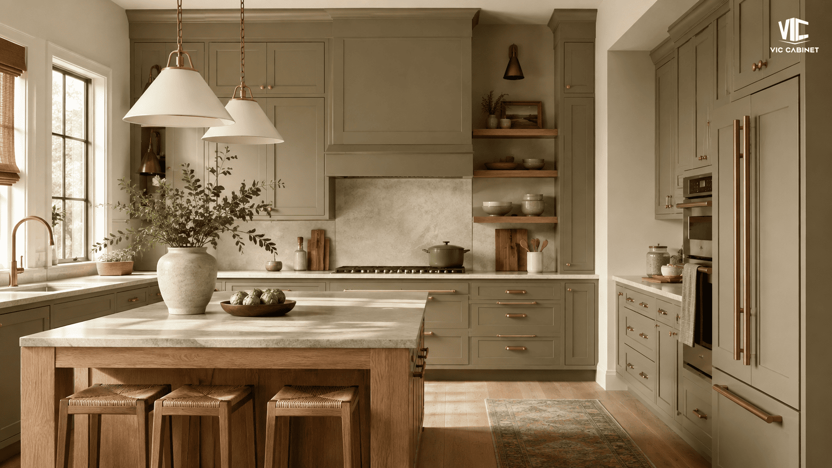 Khaki Shaker kitchen cabinets with earthy tan undertones, oak accents and bronze hardware