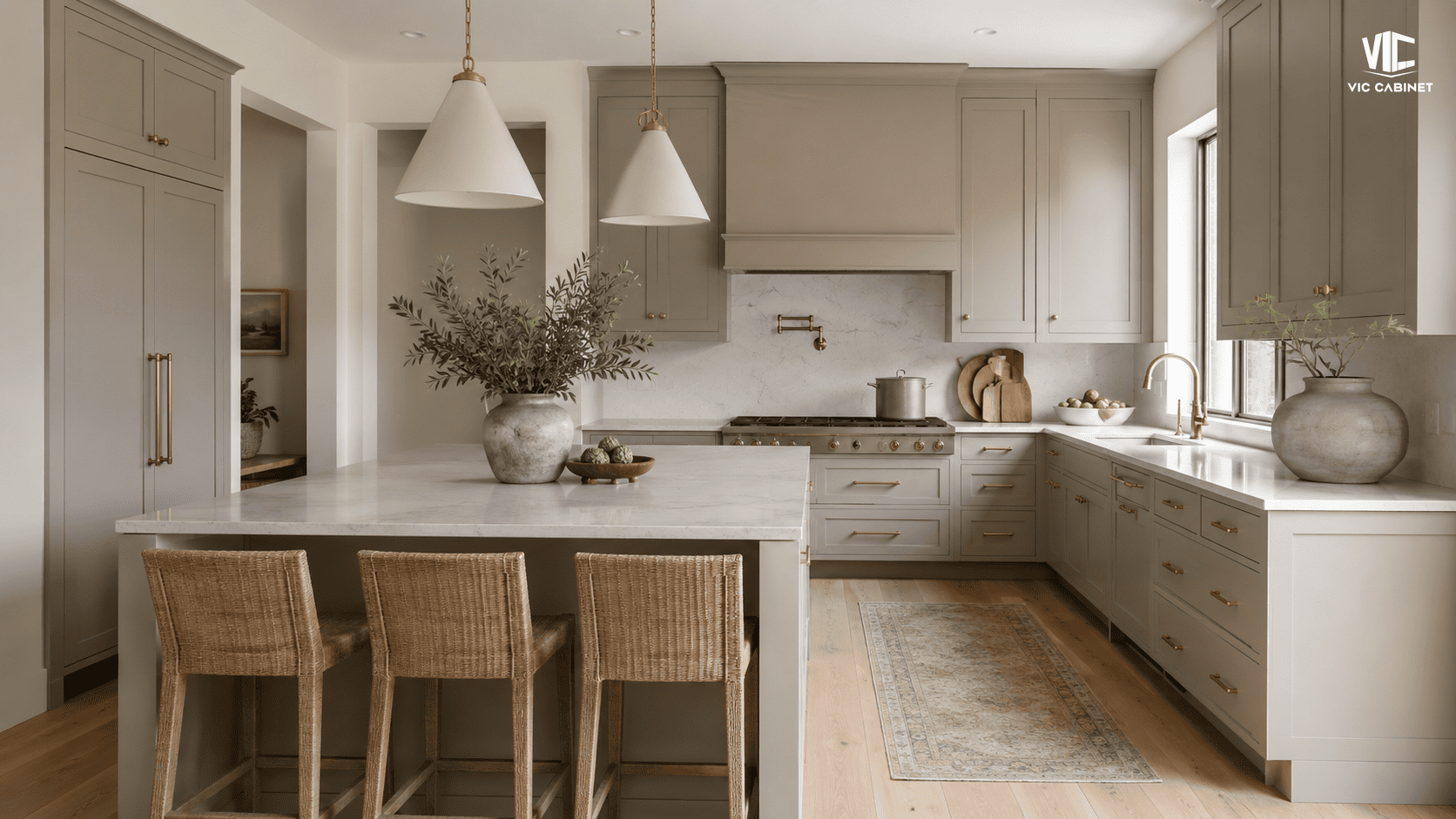 Mushroom-colored slim Shaker cabinets with beige, taupe and soft gray undertones