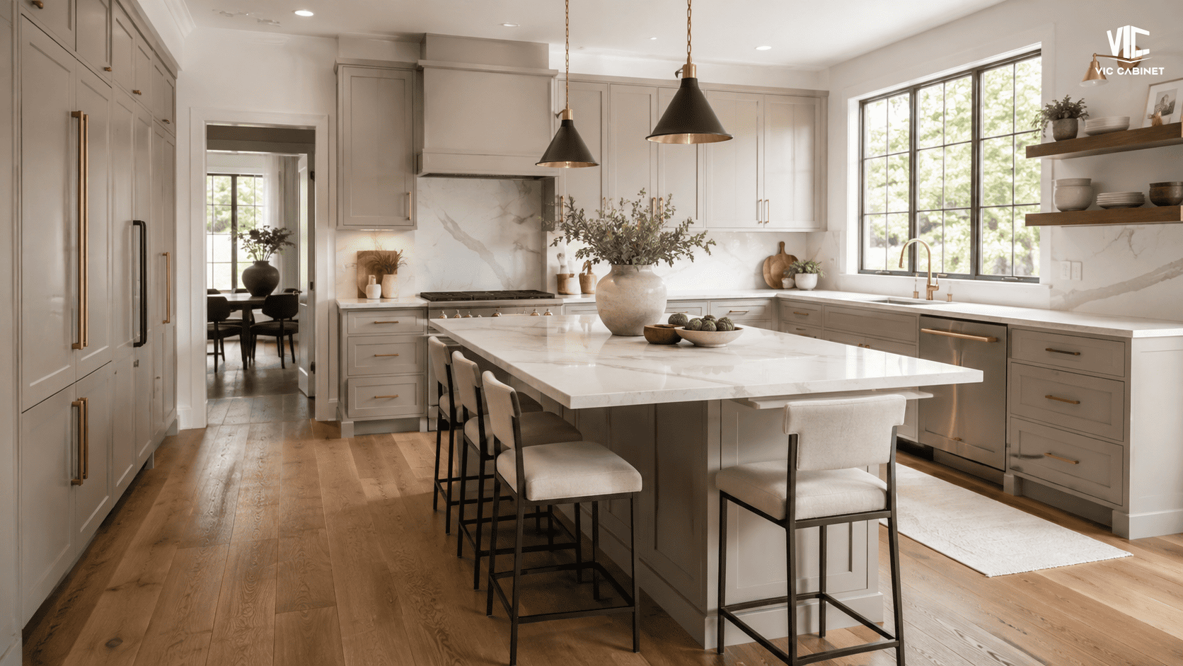 Warm greige kitchen cabinets with beige-dominant undertones and white quartz countertops