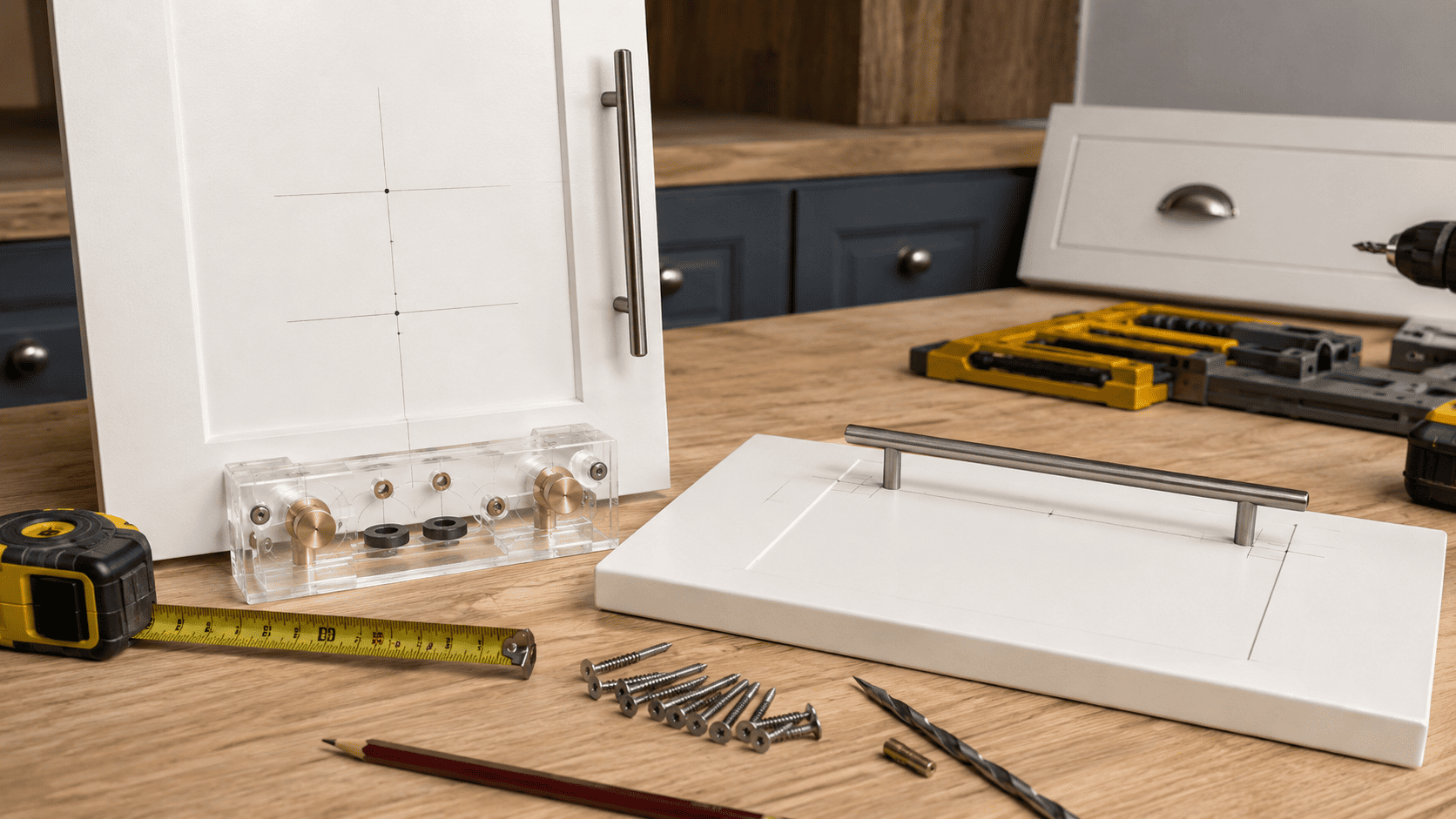 Cabinet hardware installation setup with measuring tools, jig, drill bit, and cabinet pulls