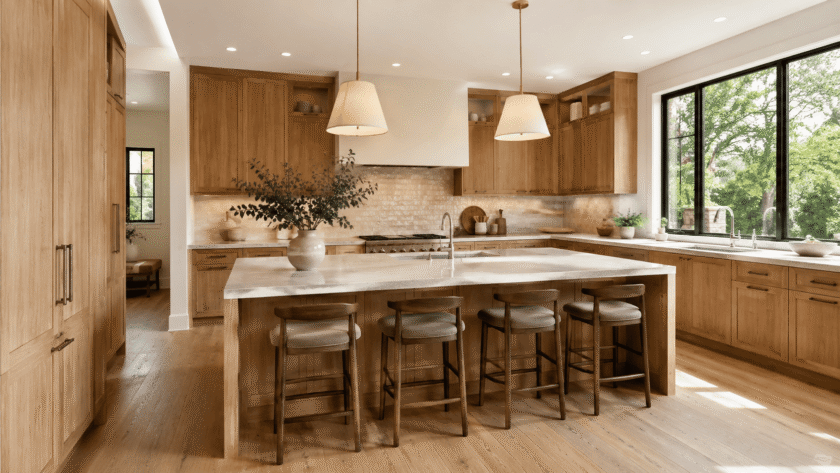 Light wood kitchen cabinets with white quartz countertops and natural oak flooring