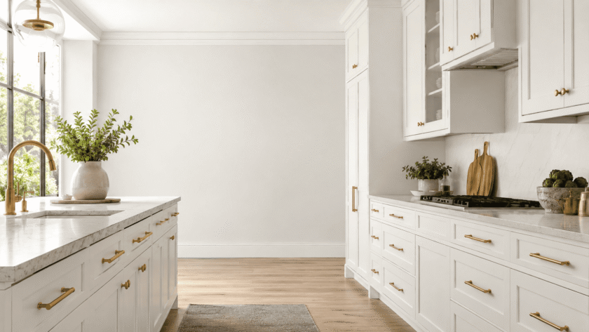 White Shaker kitchen cabinets with brushed brass cabinet hardware