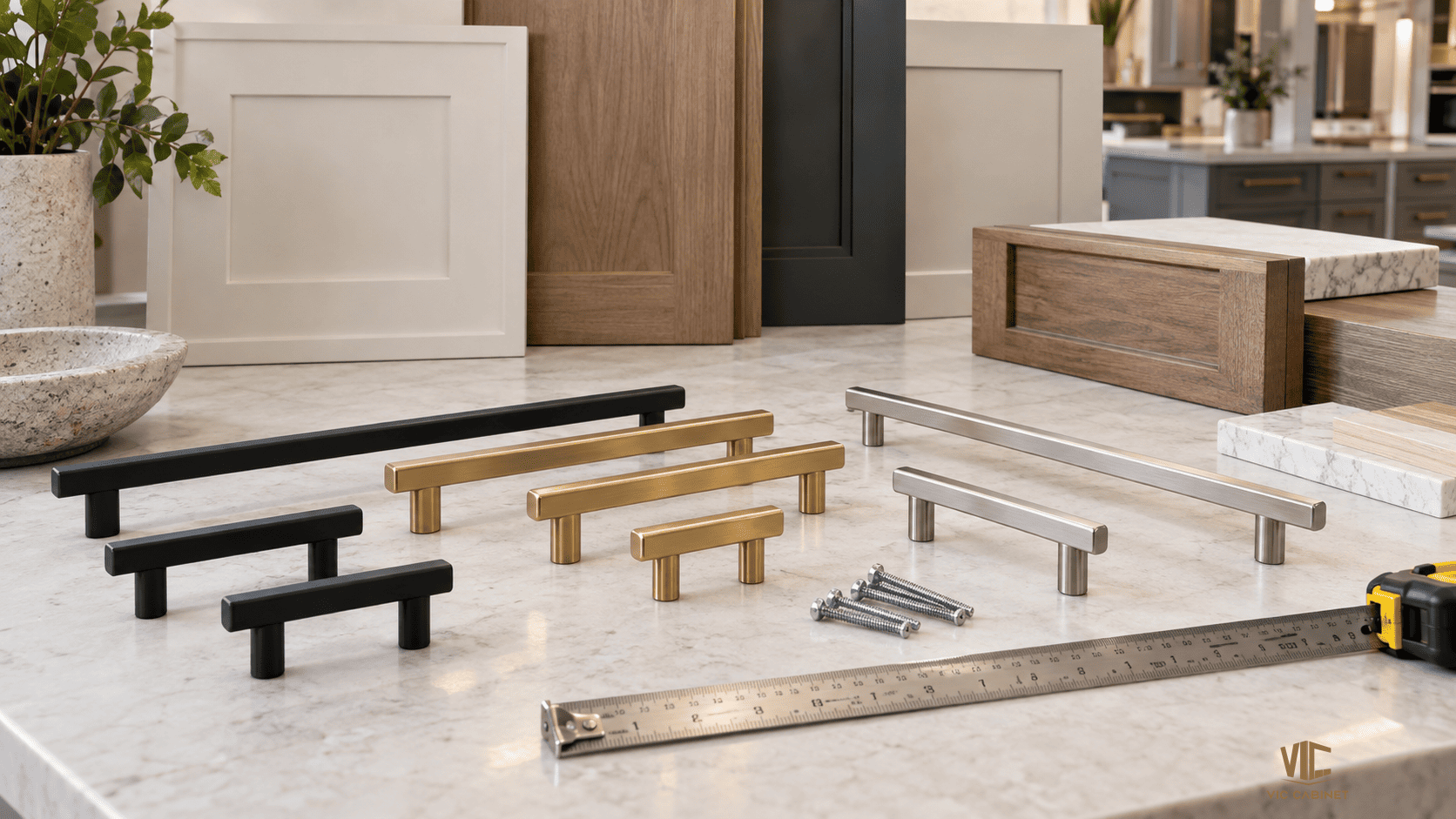 Cabinet pulls in different sizes and finishes displayed with cabinet samples and measuring tools